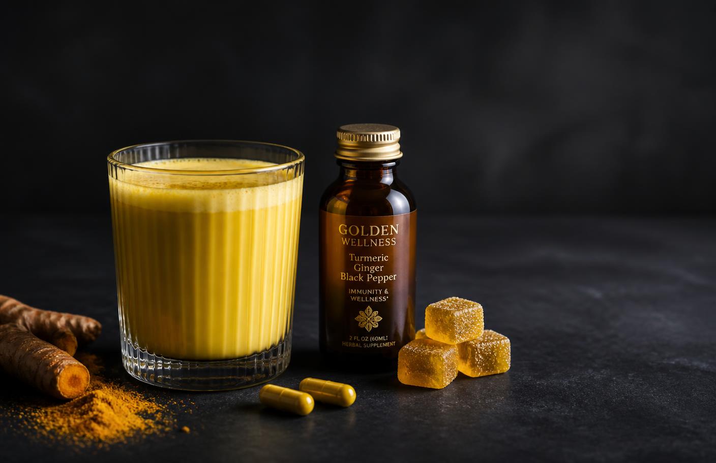 Golden milk, wellness shot, gummies and capsules formulated with turmeric extract