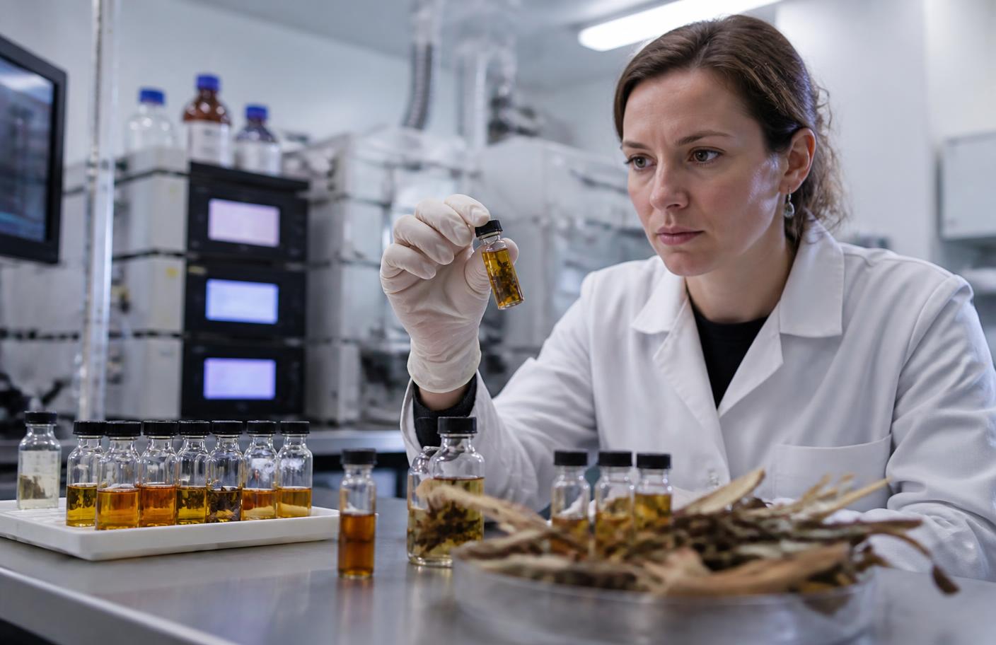 Laboratory analyst examining amber botanical extract samples in glass vials